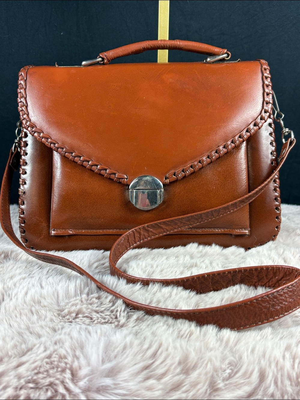Vintage 70s Handmade Saddle Leather Whipstitch Satchel Shoulder Bag Unbranded
